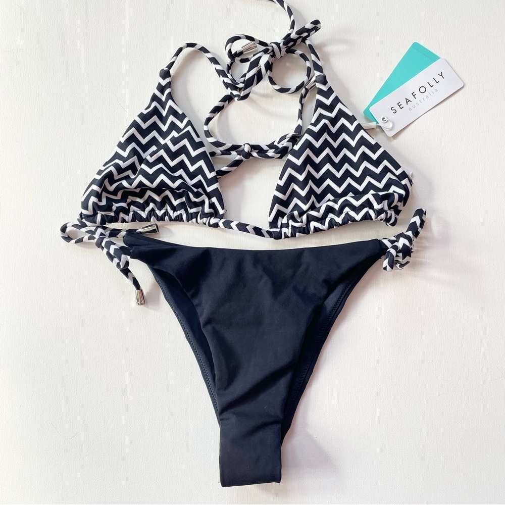 NWT Seafolly Sienna Slide Triangle Bikini Navy Blue White Chevron 2 Piece Sz 10